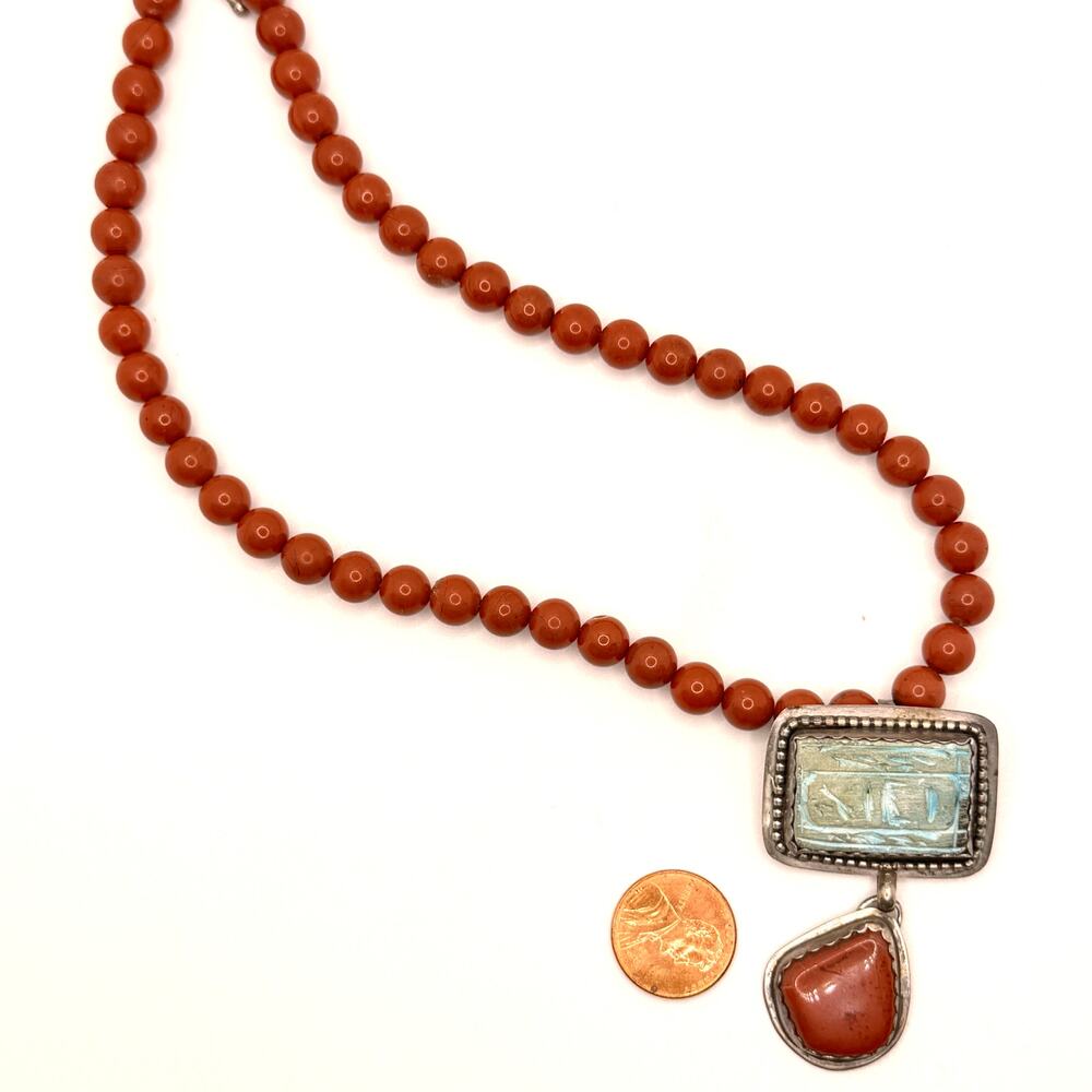 Vintage 90s Gem-N-I Sterling Silver Red Jasper Hieroglyph Necklace Brooch